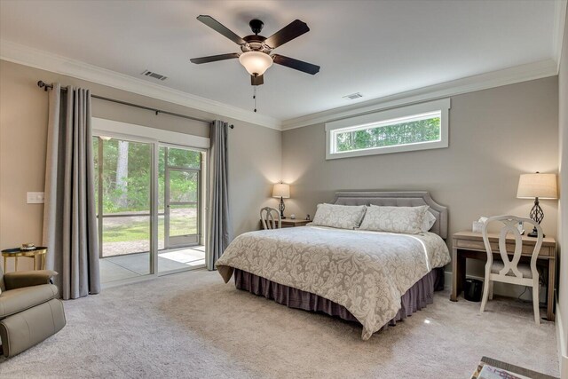 bedroom featuring ceiling fan, carpet floors, crown molding, and access to outside