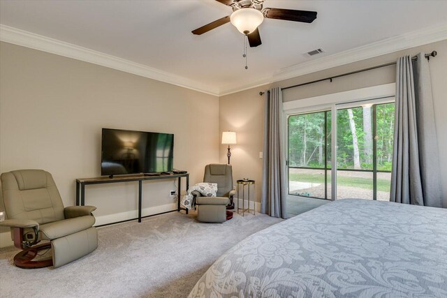 carpeted bedroom with access to exterior, ceiling fan, and ornamental molding