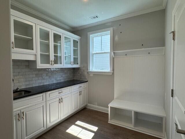 2142 Sinclair Dr Unit Sc86, Grovetown, GA 30813 - mudroom with dark wood-type flooring, a sink, a wainscoted wall, and ornamental molding