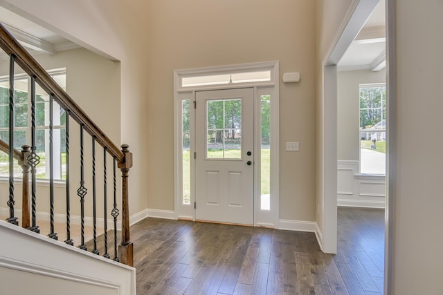 foyer featuring dark hardwood / wood-style flooring and ornamental molding