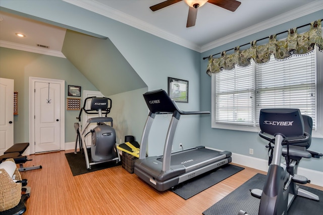 612 Emerald Xing, Evans, GA 30809 - workout area with ceiling fan, ornamental molding, light wood-style floors, and recessed lighting