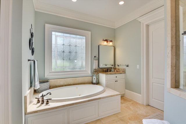 612 Emerald Xing, Evans, GA 30809 - bathroom with vanity, a whirlpool tub, and ornamental molding