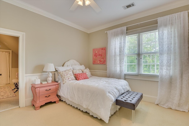 612 Emerald Xing, Evans, GA 30809 - bedroom featuring carpet flooring, ornamental molding, a wainscoted wall, and a ceiling fan