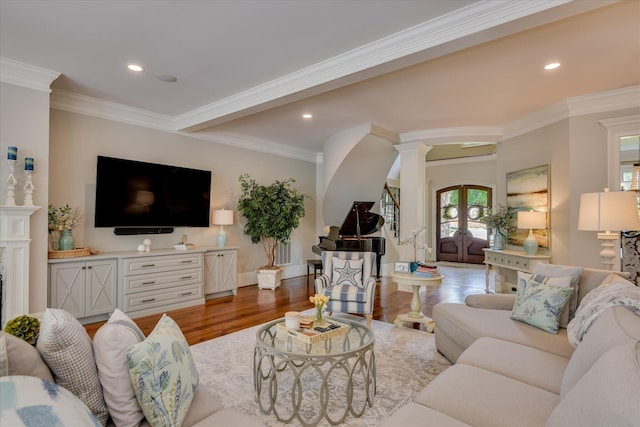 612 Emerald Xing, Evans, GA 30809 - living area with light wood-type flooring, ornate columns, crown molding, recessed lighting, and french doors