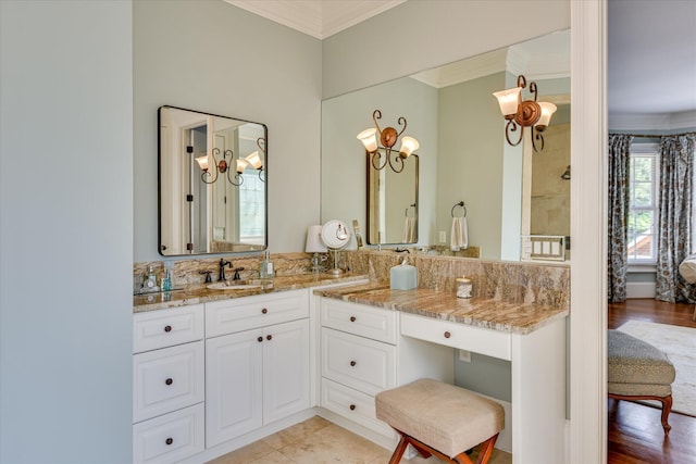 612 Emerald Xing, Evans, GA 30809 - bathroom with ornamental molding, vanity, and a chandelier