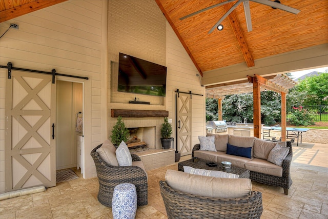 612 Emerald Xing, Evans, GA 30809 - view of patio / terrace with an outdoor living space with a fireplace, area for grilling, and a ceiling fan