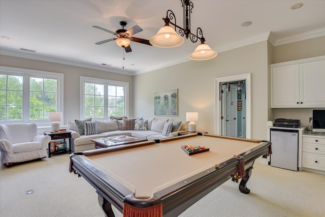 612 Emerald Xing, Evans, GA 30809 - recreation room featuring light colored carpet, billiards table, crown molding, and a ceiling fan