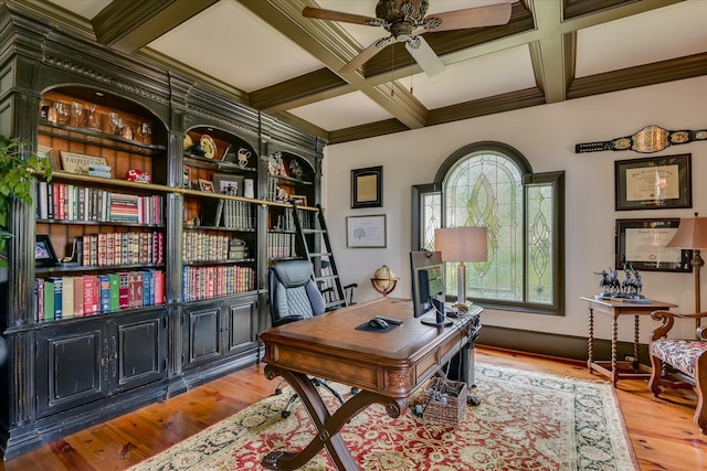 612 Emerald Xing, Evans, GA 30809 - home office with ceiling fan, coffered ceiling, beamed ceiling, and wood finished floors