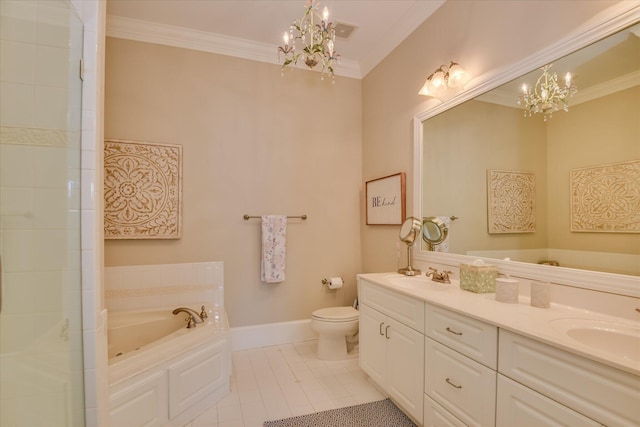 612 Emerald Xing, Evans, GA 30809 - bathroom with a chandelier, a bath, double vanity, crown molding, and tile patterned floors