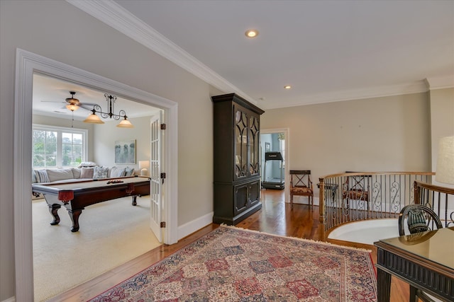 612 Emerald Xing, Evans, GA 30809 - interior space with ornamental molding, billiards, wood finished floors, recessed lighting, and a ceiling fan