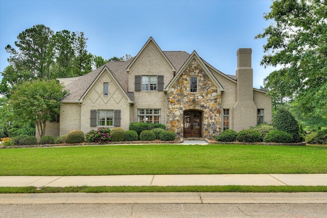 612 Emerald Xing, Evans, GA 30809 - view of front of home with a chimney, a front yard, and stone siding