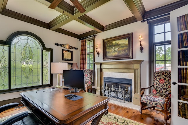 612 Emerald Xing, Evans, GA 30809 - office space featuring healthy amount of natural light, hardwood / wood-style floors, a high end fireplace, beamed ceiling, and coffered ceiling