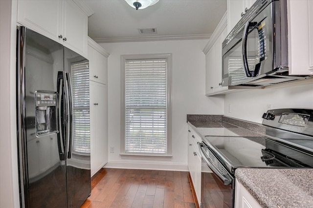272 Harvester Dr, North Augusta, SC 29860 - kitchen with black appliances, dark wood-type flooring, crown molding, and white cabinets