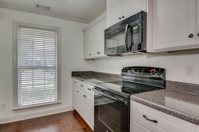 272 Harvester Dr, North Augusta, SC 29860 - kitchen featuring black appliances, crown molding, healthy amount of natural light, and white cabinets