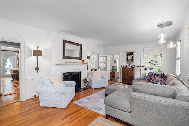 living area with light wood-style flooring, ornamental molding, and a fireplace with flush hearth