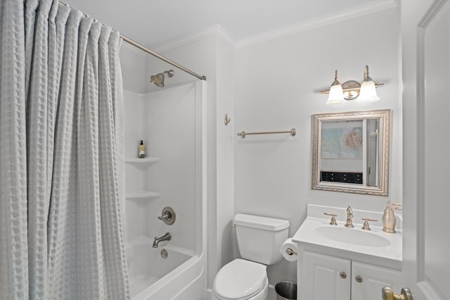 full bath featuring ornamental molding, shower / bath combo with shower curtain, toilet, and vanity