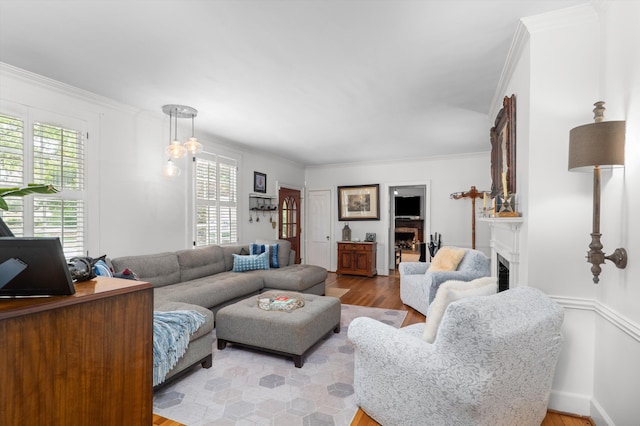 living area with a fireplace, light wood finished floors, and ornamental molding