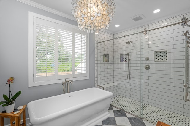 bathroom featuring a shower stall, a soaking tub, plenty of natural light, ornamental molding, and recessed lighting
