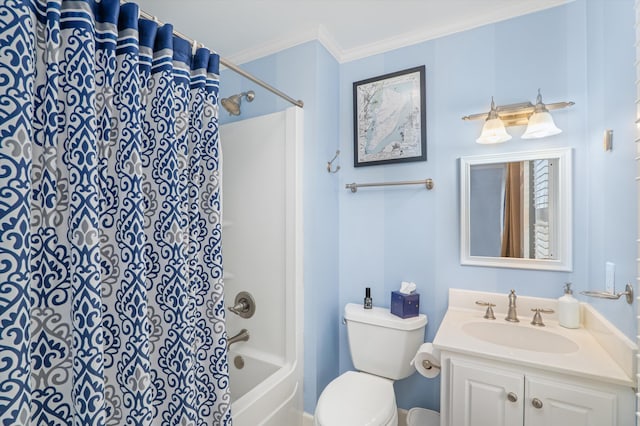 bathroom featuring toilet, vanity, ornamental molding, and shower / bath combo with shower curtain