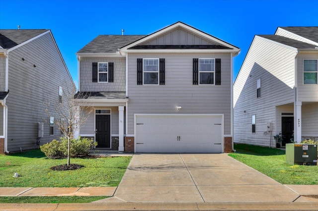 craftsman-style house with a garage, central air condition unit, and a front yard