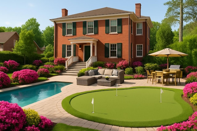 2131 Gardner St, Augusta, GA 30904 - back of house featuring a chimney, a putting green, a patio, brick siding, and an outdoor pool
