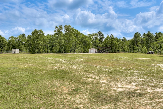 view of yard featuring a storage shed