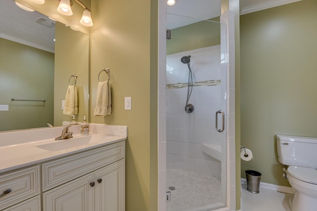 bathroom with toilet, ornamental molding, vanity, a shower with door, and tile patterned flooring