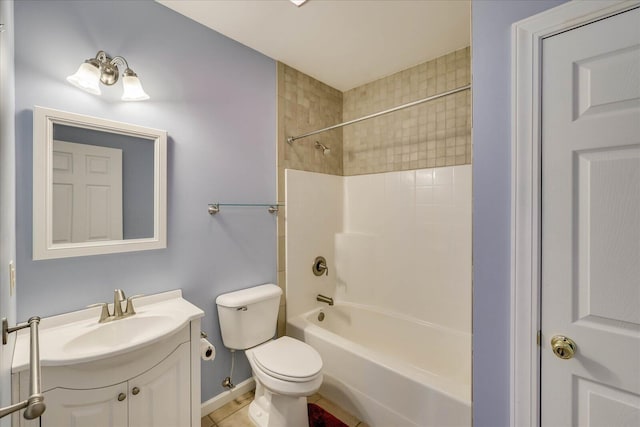 full bath with toilet, tile patterned flooring, baseboards, bathtub / shower combination, and vanity