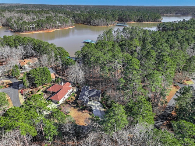 drone / aerial view featuring a view of trees and a water view