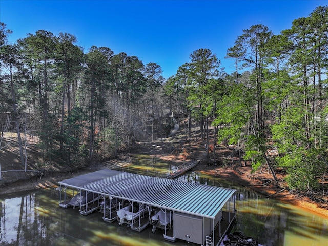 view of dock with boat lift, a view of trees, and a water view