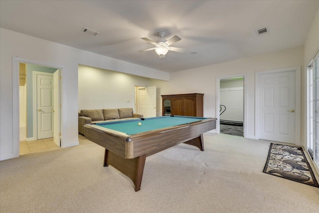 rec room with visible vents, light carpet, and pool table