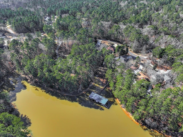 bird's eye view featuring a view of trees and a water view