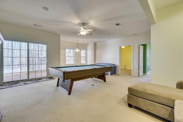 recreation room featuring visible vents, light carpet, a ceiling fan, and pool table