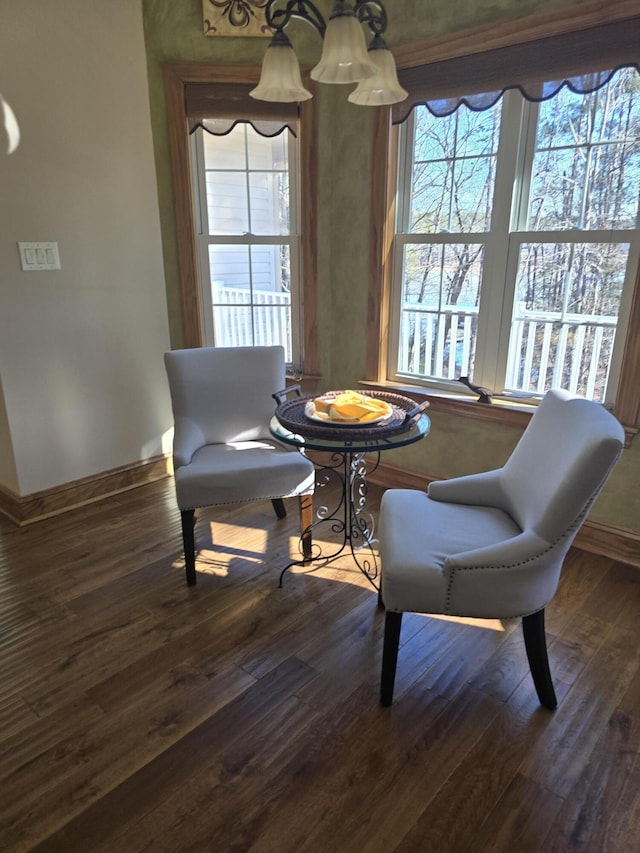 sitting room featuring baseboards, plenty of natural light, and dark wood-style floors