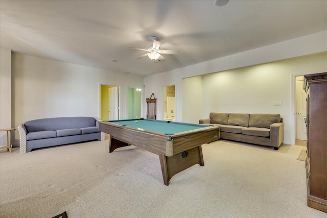 recreation room with carpet flooring, billiards, and a ceiling fan