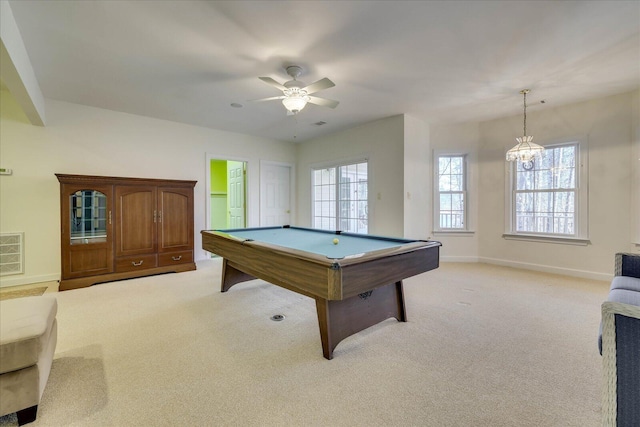 recreation room with pool table, a healthy amount of sunlight, baseboards, and light carpet