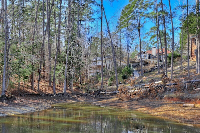 property view of water with a wooded view