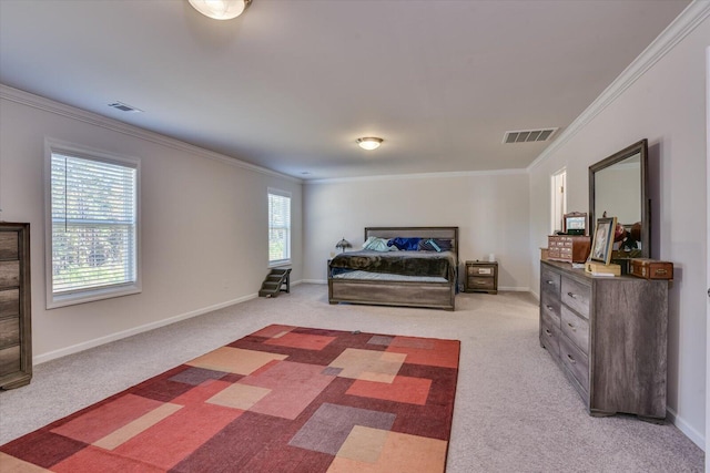 bedroom with light carpet and ornamental molding