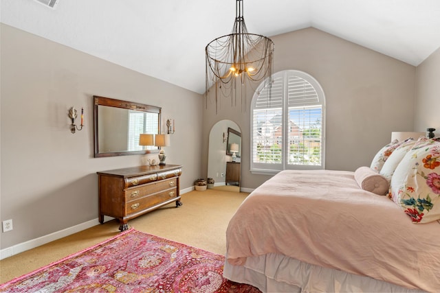 3637 Foxfire Pl, Martinez, GA 30907 - bedroom featuring vaulted ceiling, light carpet, baseboards, and a chandelier