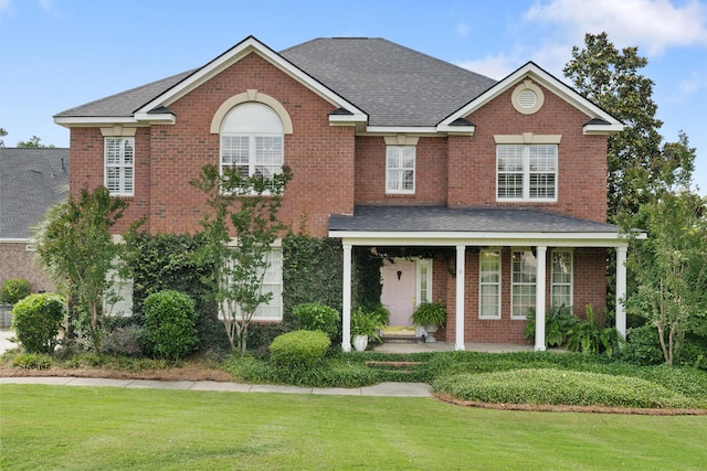 3637 Foxfire Pl, Martinez, GA 30907 - view of front of house featuring a front yard, brick siding, covered porch, and a shingled roof