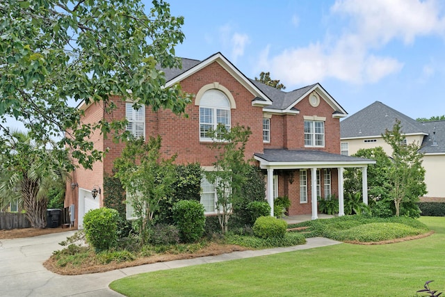 3637 Foxfire Pl, Martinez, GA 30907 - view of front of home with brick siding, a front yard, concrete driveway, covered porch, and roof with shingles
