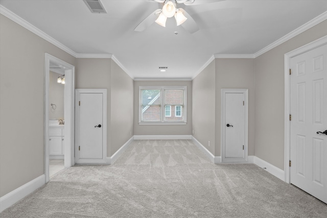 3997 Hammonds Fry, Evans, GA 30809 - unfurnished bedroom featuring light carpet, ornamental molding, ensuite bath, and ceiling fan