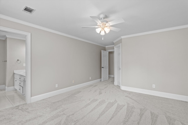 3997 Hammonds Fry, Evans, GA 30809 - unfurnished bedroom with ornamental molding, light carpet, connected bathroom, and a ceiling fan