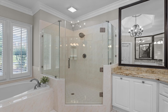 3997 Hammonds Fry, Evans, GA 30809 - full bathroom featuring a chandelier, a garden tub, vanity, a stall shower, and ornamental molding