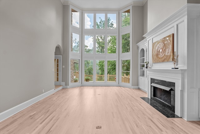 3997 Hammonds Fry, Evans, GA 30809 - unfurnished living room featuring a towering ceiling, a fireplace, light wood-style floors, and arched walkways