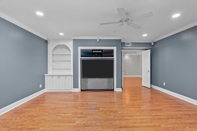 3997 Hammonds Fry, Evans, GA 30809 - unfurnished living room featuring crown molding, ceiling fan, recessed lighting, light wood-style floors, and built in shelves