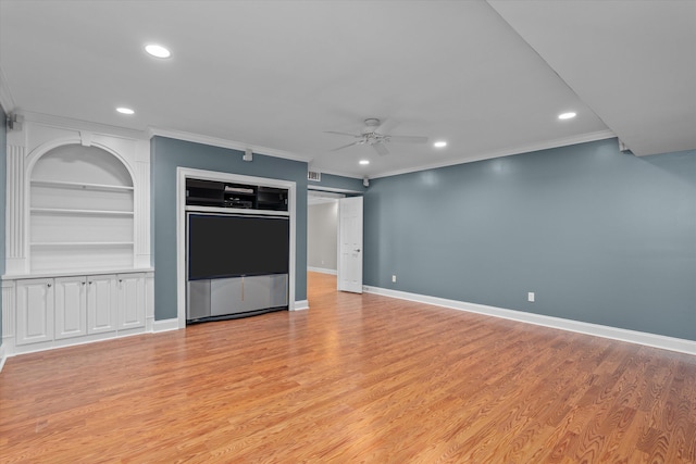 3997 Hammonds Fry, Evans, GA 30809 - unfurnished living room with ornamental molding, ceiling fan, recessed lighting, light wood finished floors, and built in shelves