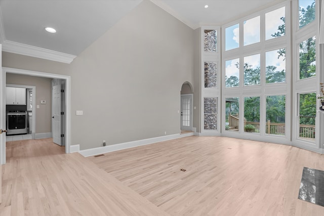 3997 Hammonds Fry, Evans, GA 30809 - unfurnished living room featuring ornamental molding, a high ceiling, healthy amount of natural light, arched walkways, and light wood finished floors