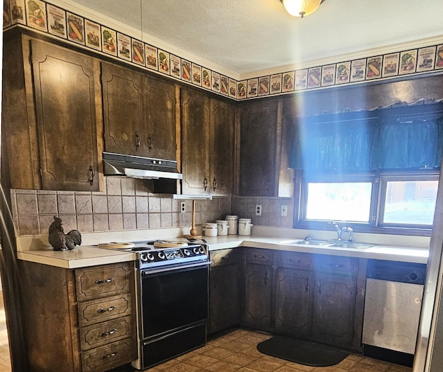 kitchen featuring electric stove, light countertops, dark brown cabinetry, and under cabinet range hood