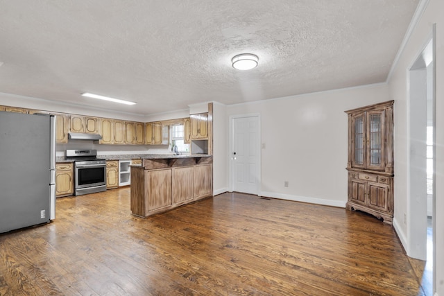 5131 Deans Bridge Rd, Blythe, GA 30805 - kitchen featuring stainless steel appliances, under cabinet range hood, a peninsula, a textured ceiling, and dark wood finished floors